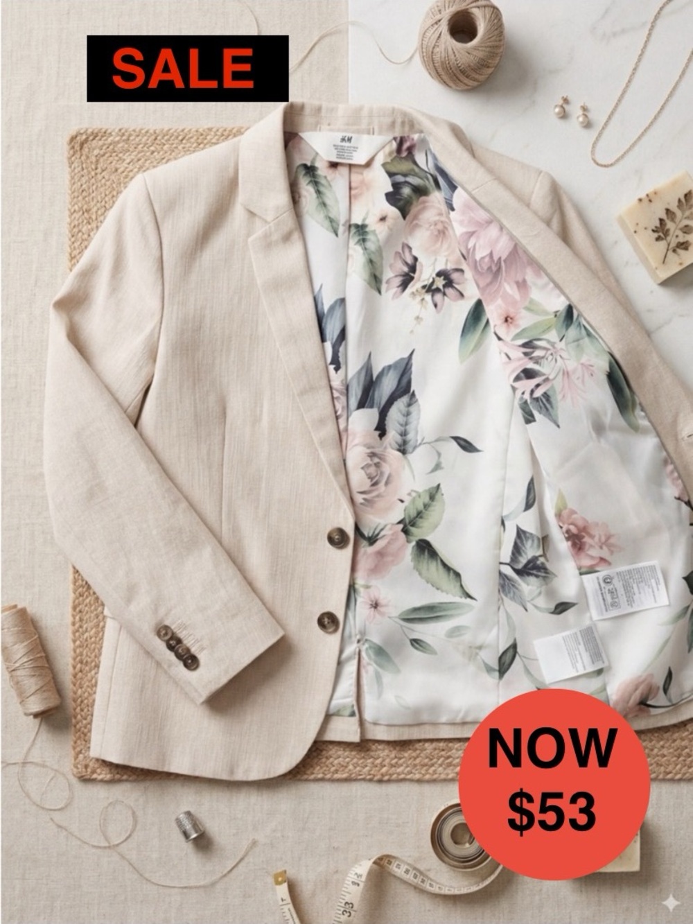 PRISTINE H&M Boys Linen Suit - Size 5-6YRS - Floral Lining JACKET ONLY